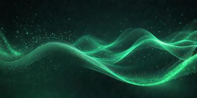 The primary subject of the image is a green wave or light, which appears to be a digital art or illustration. The setting is a dark background, and the visual style is a combination of a photo and digital art. The dominant colors are green and blue, creating a calm and soothing atmosphere.