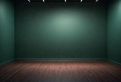 The primary subject of the image is a large, empty room with a green wall. The setting is a room with a wooden floor, and the visual style is a photo. The colors and mood of the image are predominantly green, creating a calm and serene atmosphere.