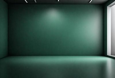 The primary subject of the image is a large, empty room with a green wall. The setting is a dark room with a green wall, and the visual style is a photo. The colors and mood of the image are predominantly dark and moody, with the green wall providing a contrasting element.