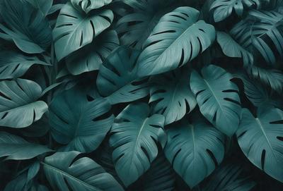 The primary subject of the image is a large group of green leaves, which are the main objects in the scene. The leaves are arranged in a dense, leafy pattern, creating a lush and vibrant atmosphere. The setting is a forest, with the leaves covering the trees and surrounding the viewer. The visual style of the image is a painting, with the artist capturing the intricate details and textures of the leaves. The colors and mood of the painting are predominantly green, conveying a sense of fresh