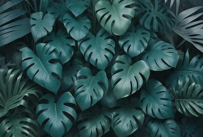 The image features a large group of green leaves, possibly from a fern plant, arranged in a dense and lush manner. The leaves are spread across the entire frame, creating a sense of depth and abundance. The primary subject of the image is the green leaves, which are the main focus and the main object in the scene. The setting is a natural environment, with the leaves being the primary background element. The visual style of the image is a close-up of the leaves, showcasing their intricate details and textures.
