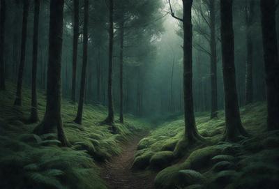 The primary subject of the image is a path surrounded by a forest of trees. The setting is a lush green forest with a dirt path running through it. The visual style is a black and white illustration, giving the scene a classic and timeless feel. The dominant colors are green, with the trees and the path, and black, which is used for the illustration. The overall atmosphere is serene and peaceful, as the path leads through the dense forest.