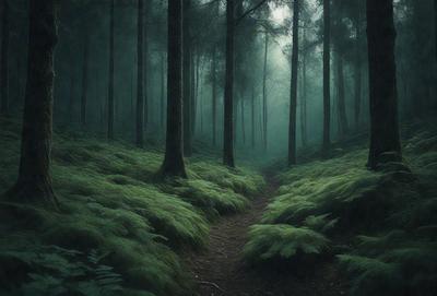 The primary subject of the image is a path surrounded by a dense forest. The setting is a lush green forest with trees and foliage, creating a serene and natural atmosphere. The visual style is a black and white drawing, which adds a timeless and classic feel to the scene. The colors and mood are predominantly dark and moody, with the forest and path being the main focus of the image.