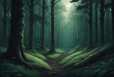The primary subject of the image is a forest path surrounded by trees. The setting is a lush green forest with a dirt path. The visual style is a painting, which creates a serene and natural atmosphere. The dominant colors are green, which represents the forest, and the dirt path is depicted in shades of brown. The overall mood of the painting is peaceful and tranquil, as it captures the beauty of nature.