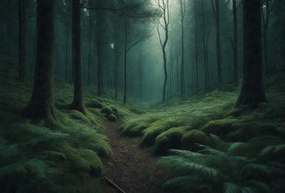 The primary subject of the image is a pathway through a forest. The setting is a lush green forest with trees and foliage surrounding the path. The visual style is a digital art, creating a serene and natural atmosphere. The dominant colors are green, with the foliage and trees, and the path is depicted in shades of brown.