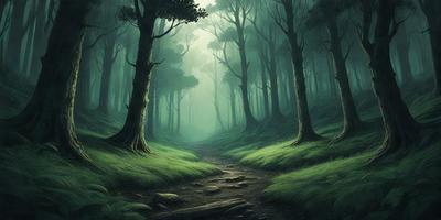 The primary subject of the image is a forest path surrounded by trees. The setting is a lush green forest with a dirt path. The visual style is an illustration, and the colors and mood are dominated by the green hues of the trees and the forest.