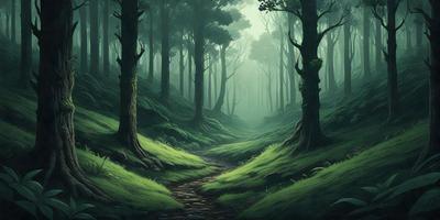 The primary subject of the image is a forest path surrounded by trees. The setting is a lush green forest with a dirt path. The visual style is an illustration, and the colors and mood are dominated by the green hues of the forest and the dirt path.