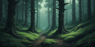 The primary subject of the image is a forest path surrounded by trees. The setting is a lush green forest with a dirt path. The visual style is a painting, which gives the scene a vibrant and natural atmosphere. The dominant colors are green, which is prevalent in the trees and the path, and the overall mood is serene and peaceful.