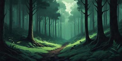The primary subject of the image is a pathway through a forest. The setting is a lush green forest with trees and grass, creating a serene and natural atmosphere. The visual style is an illustration, which adds a sense of depth and artistic flair to the scene. The dominant colors are green, which is prevalent in the forest, and blue, which can be seen in the sky or the pathway. Overall, the image conveys a sense of tranquility and connection to nature.