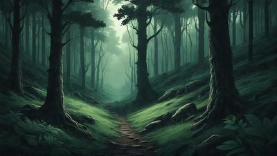The primary subject of the image is a pathway through a forest. The setting is a lush green forest with trees and rocks surrounding the path. The visual style is an illustration, creating a serene and natural atmosphere. The dominant colors are green, with the grass and trees, and brown, with the rocks and dirt.
