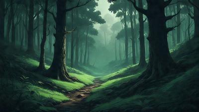 The primary subject of the image is a pathway through a forest. The setting is a lush green forest with trees and grass surrounding the path. The visual style is an illustration, giving the scene a whimsical and imaginative appearance. The colors and mood are predominantly green, creating a serene and peaceful atmosphere.