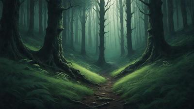The primary subject of the image is a pathway through a forest. The setting is a lush green forest with trees and grass surrounding the path. The visual style is a painting, which creates a serene and natural atmosphere. The dominant colors are green, which represents the forest, and the path is depicted in shades of brown. The overall mood of the image is peaceful and inviting, as it showcases the beauty of nature.