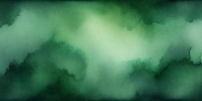 The primary subject of the image is a painting of a forest. The setting is a green, misty forest with trees and a sky visible in the background. The visual style is a watercolor painting, giving the image a vibrant and lush appearance. The dominant colors are green and blue, creating a serene and peaceful atmosphere.