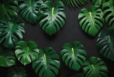 The image features a large group of green leaves, possibly from a plant or a collection of potted plants. The leaves are arranged in a visually appealing manner, creating a sense of harmony and balance. The primary subject of the image is the green leaves, which are the main focus and the main object in the scene. The setting is a black background, which contrasts with the green leaves, making them stand out even more. The visual style of the image is a close-up of the leaves, showcasing their intricate