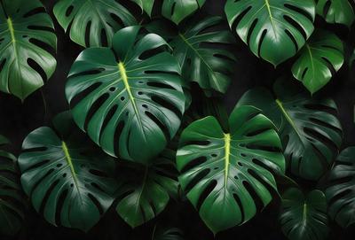 The image features a large group of green leaves, possibly from a plant or a group of plants. The leaves are arranged in a way that they appear to be overlapping each other, creating a dense and lush appearance. The primary subject of the image is the green leaves, which are the main focus and the main object in the scene. The setting is a dark background, which contrasts with the bright green leaves, creating a visually striking image. The visual style of the image is a close-up of the leaves, emphasizing