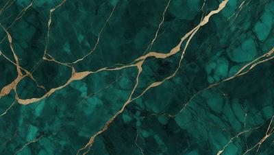 The primary subject of the image is a close-up of a green marble wall with gold veins. The setting is a room with a blue background. The visual style is a photo of the marble wall. The dominant colors are green and gold, creating a luxurious and elegant atmosphere.