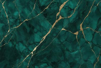 The primary subject of the image is a close-up of a green marble wall with gold accents. The setting is a room with a green marble wall, and the visual style is a photo. The dominant colors are green and gold, creating a luxurious and elegant atmosphere.