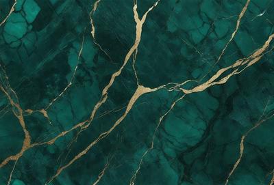 The primary subject of the image is a close-up of a marble countertop with a gold-colored vein running through it. The setting is a kitchen, and the visual style is a photo. The countertop has a blue-green color, and the overall atmosphere is elegant and luxurious.