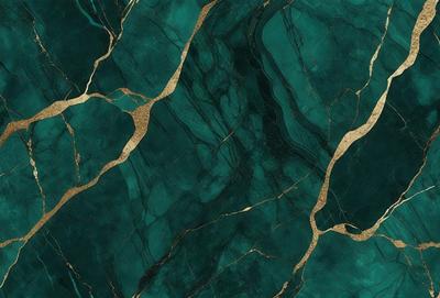 The primary subject of the image is a close-up of a marble wall with a green and gold color scheme. The setting is a room with a blue background, which adds to the overall atmosphere. The visual style is a combination of a photo and digital art, creating a unique and intricate pattern on the marble wall. The colors and mood of the image are vibrant and luxurious, evoking a sense of sophistication and elegance.