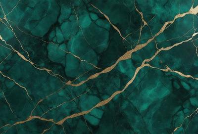 The primary subject of the image is a close-up of a green marble countertop with gold veins. The setting is a kitchen, and the visual style is a photo. The dominant colors are green and gold, creating a luxurious and elegant atmosphere.
