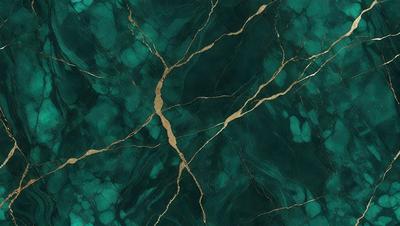 The primary subject of the image is a close-up of a marble countertop with a gold-colored vein running through it. The setting is a kitchen, and the visual style is a photo. The countertop has a blue-green color, and the overall atmosphere is elegant and luxurious.