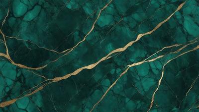 The primary subject of the image is a close-up of a green marble countertop. The setting is a kitchen, and the visual style is a photo. The countertop has a gold-colored design, adding a touch of luxury to the space. The dominant colors in the image are green and gold, creating a warm and inviting atmosphere.