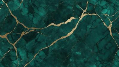The primary subject of the image is a marble countertop with a gold-colored design. The setting is a kitchen, and the visual style is a close-up of the countertop. The colors and mood of the image are predominantly green, with the gold accents adding a touch of warmth and sophistication.