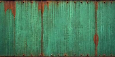 The primary subject of the image is a green door with rust and peeling paint. The setting is an outdoor environment, and the visual style is a photo. The dominant colors are green and rust, creating a mood of aging and weathered materials.