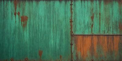 The primary subject of the image is a green door with rust and peeling paint. The setting is an outdoor environment, and the visual style is a photo. The dominant colors are green and rust, creating a mood of decay and aging.