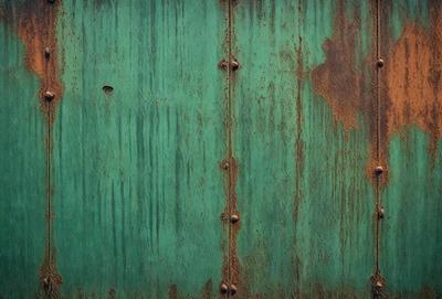 The primary subject of the image is a green door with rust and dirt on it. The door is open, revealing a metal surface behind it. The setting is an outdoor environment, with the door being the main object of focus. The visual style is a photo, capturing the rust and dirt on the door. The dominant colors are green and brown, with the green door being the main color, and the rust and dirt adding to the overall atmosphere.