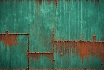 The primary subject of the image is a green metal wall with rust and peeling paint. The setting is an outdoor environment, and the visual style is a photo. The dominant colors are green and rust, creating a mood of decay and aging.