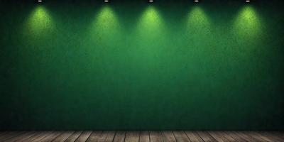 The primary subject of the image is a green wall with a light shining on it. The setting is a room with a wooden floor. The visual style is a photo, and the dominant colors are green and white. The overall atmosphere is bright and inviting.