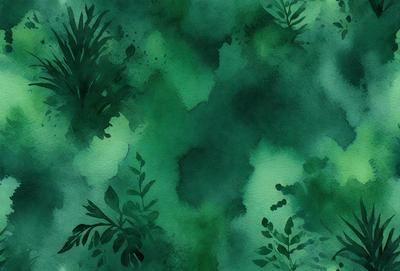 The primary subject of the image is a green plant with leaves and stems. The setting is a green background, which creates a natural and lush atmosphere. The visual style is a watercolor painting, giving the image a vibrant and artistic appearance. The dominant colors are green, which is prevalent throughout the plant, and the overall mood is serene and calming.