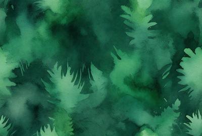 The primary subject of the image is a close-up of a leafy green plant. The setting is a forest, with the plant surrounded by other green leaves. The visual style is a watercolor painting, giving the image a vibrant and natural atmosphere. The dominant colors are green, with various shades and hues, creating a lush and serene mood.
