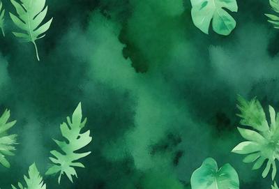 The primary subject of the image is a green leafy plant, which is the main focus of the scene. The setting is a green background, which complements the plant's vibrant color. The visual style is a painting, with a watercolor effect that adds a sense of depth and texture to the image. The colors and mood are predominantly green, creating a serene and natural atmosphere.
