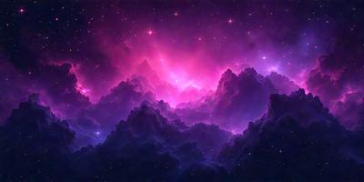 The primary subject of the image is a purple and pink nebula, which is a cloud of gas and dust in space. The setting is a dark, starry sky, with the nebula as the main focus. The visual style is a digital art or illustration, creating a vibrant and colorful scene. The dominant colors are purple and pink, giving the image a dreamy and ethereal atmosphere.