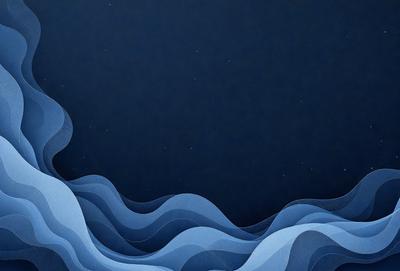 The primary subject of the image is a blue ocean with waves. The setting is a dark blue sky, creating a contrasting backdrop. The visual style is a combination of digital art and illustration, giving the image a unique and artistic appearance. The dominant colors are blue and black, creating a calm and serene atmosphere.