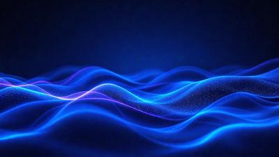The primary subject of the image is a blue wave, which is the main focus of the scene. The setting is a dark blue background, creating a contrasting and dramatic effect. The visual style is a digital art or illustration, as the wave appears to be a digital creation. The dominant colors are blue and purple, giving the image a calming and serene atmosphere.