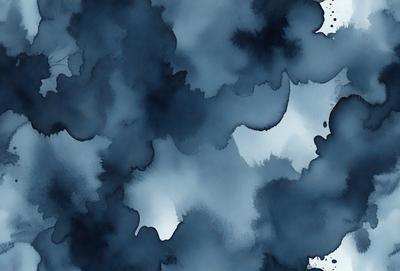The primary subject of the image is a blue and black painting or drawing, featuring a cloudy sky with a blue background. The visual style appears to be a mix of digital art and illustration, creating a unique and artistic representation of the cloudy sky. The colors and mood of the image are predominantly dark and moody, with the blue and black tones creating a sense of depth and atmosphere.