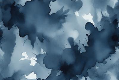 The primary subject of the image is a blue and white painting featuring a pattern of black and white dots. The setting is a blue background, and the visual style appears to be a combination of digital art and illustration. The dominant colors are blue and white, creating a calm and serene atmosphere.