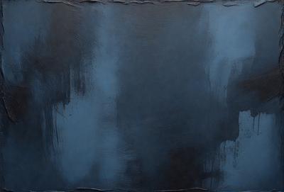 The primary subject of the image is a large, dark blue canvas with a black background. The setting is a painting studio, and the visual style is a painting or drawing. The dominant colors are blue and black, creating a moody and dramatic atmosphere.