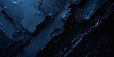 The primary subject of the image is a black and blue digital art piece featuring a futuristic cityscape. The setting is a dark, futuristic environment with a blue background. The visual style is a combination of digital art and illustration, creating a unique and intriguing atmosphere. The dominant colors are black and blue, with some orange accents, giving the image a futuristic and mysterious mood.