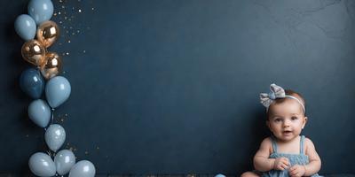The primary subject of the image is a baby sitting on a wooden table. The setting is a room with a blue wall, and the visual style appears to be a photo. The colors in the image are predominantly blue, creating a calm and soothing atmosphere.