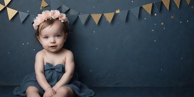 The primary subject of the image is a baby girl wearing a bow in her hair. She is sitting on a surface, possibly a chair, and is surrounded by a blue background. The visual style of the image is a photo, capturing the baby's adorable expression. The colors in the image are predominantly blue, creating a calm and serene atmosphere.