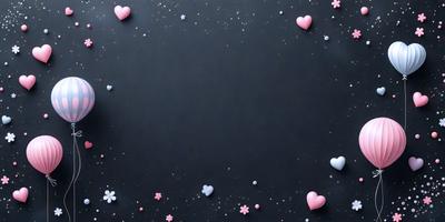 The primary subject of the image is a black background with a variety of pink hearts scattered across it. The hearts are of different sizes and are placed in various positions on the background. The setting appears to be a dark, starry night, with the hearts serving as the main focus of the scene. The visual style of the image is a combination of digital art and illustration, creating a unique and eye-catching design. The colors and mood of the image are predominantly pink and warm, giving it a romantic and
