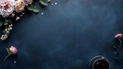 The primary subject of the image is a table with a blue surface. The setting/background features a vase with flowers and pink petals, creating a visually appealing and serene atmosphere. The visual style of the image is a photo, capturing the beauty of the flowers and the table's surface. The colors and mood of the image are predominantly blue and calm, with the flowers adding a touch of warmth and vibrancy.