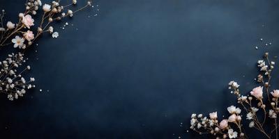 The primary subject of the image is a blue background with white flowers scattered across it. The setting appears to be a dark, moody environment, possibly a nighttime scene. The visual style of the image is a combination of photo and digital art, creating a unique and artistic representation of the flowers. The colors and mood of the image are predominantly dark and mysterious, with the white flowers providing a touch of brightness and contrast.