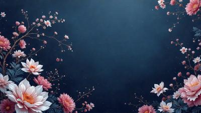 The primary subject of the image is a beautifully painted flower arrangement. The setting is a dark blue background, which creates a striking contrast with the vibrant colors of the flowers. The visual style is a combination of digital art and illustration, giving the image a unique and artistic appearance. The dominant colors are pink and white, which evoke a sense of warmth and elegance. Overall, the image exudes a serene and captivating mood.