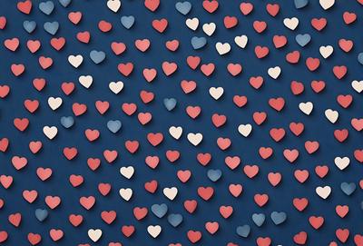 The primary subject of the image is a large number of hearts, which are arranged in a pattern on a blue background. The hearts come in various colors, including red, white, and blue, creating a visually appealing and vibrant scene. The visual style of the image is a combination of digital art and illustration, with the hearts appearing as a pattern or design. The overall atmosphere of the image is cheerful and lively, as the hearts convey a sense of love and warmth.