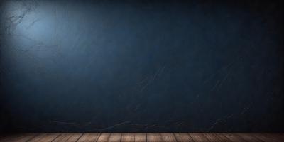 The primary subject of the image is a blue wall with a wooden floor. The setting is a room with a blue wall, and the visual style is a digital art or illustration. The dominant colors are blue and brown, creating a calm and serene atmosphere.